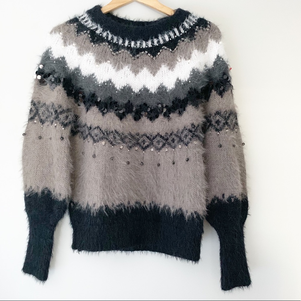 Anthro Sleeping on Snow Fair Isle Beaded Sweater